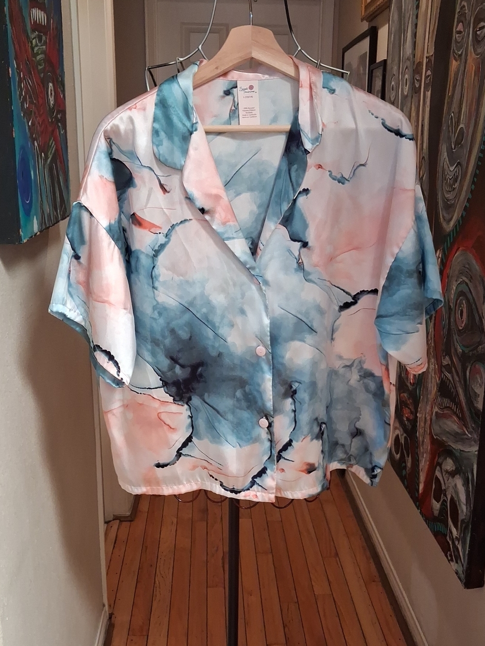 Silky Watercolor Print Button-Front Blouse - Blue & Pink